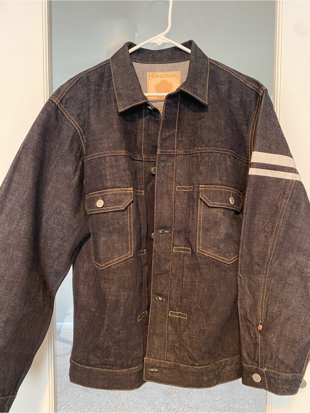Momotaro Raw Indigo Denim Jacket with White Sleeve Stripes